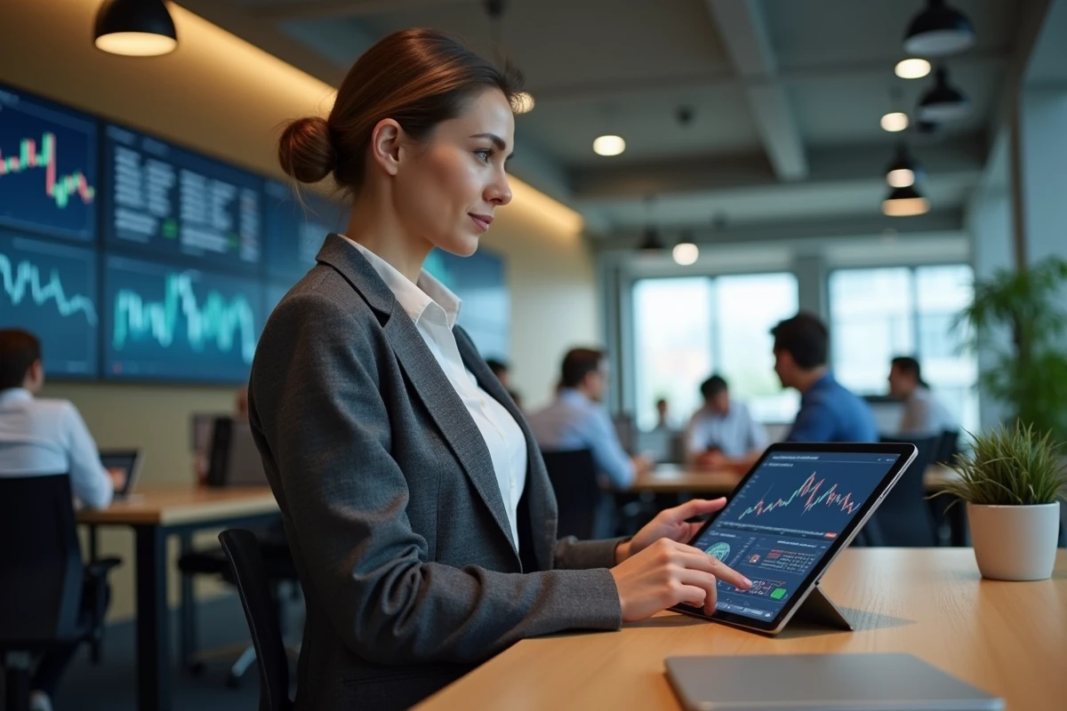 Femme analyste utilisant un outil IA sur tablette pour comparer les indicateurs EPA d'Air Liquide en temps réel