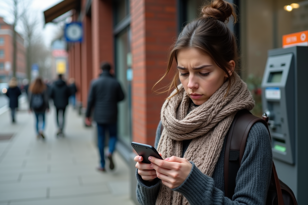 Jeune femme fâchée devant un distributeur bancaire en ville