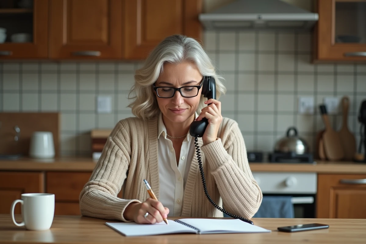 Femme prenant des notes en appelant le service client Cofidis depuis un téléphone fixe