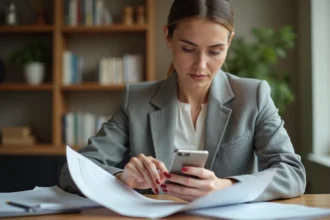 Femme consultant une application bancaire sur smartphone pour comparer les frais et l'épargne avec Econozen