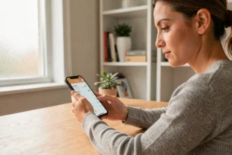 Femme consultant son espace client Société Générale sur smartphone pour suivre son budget mensuel