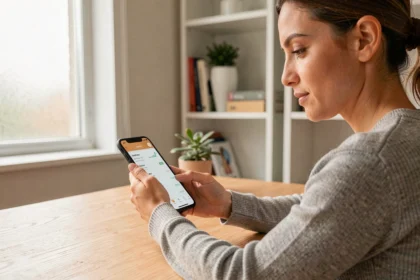 Femme consultant son espace client Société Générale sur smartphone pour suivre son budget mensuel