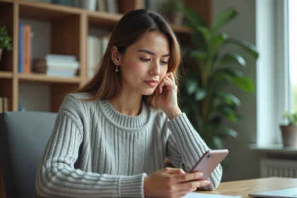 Jeune femme consultant l'application Nickel sur son smartphone depuis un bureau à domicile