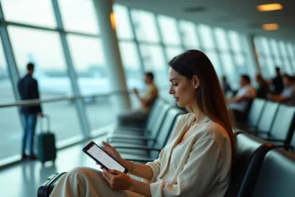 Femme consultant son assurance voyage sur une tablette dans un aéroport avant un vol pour les États-Unis