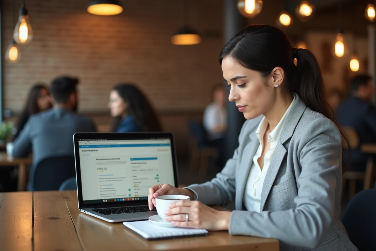 Femme lisant des avis négatifs sur une plateforme de cryptomonnaies dans un café tout en prenant des notes