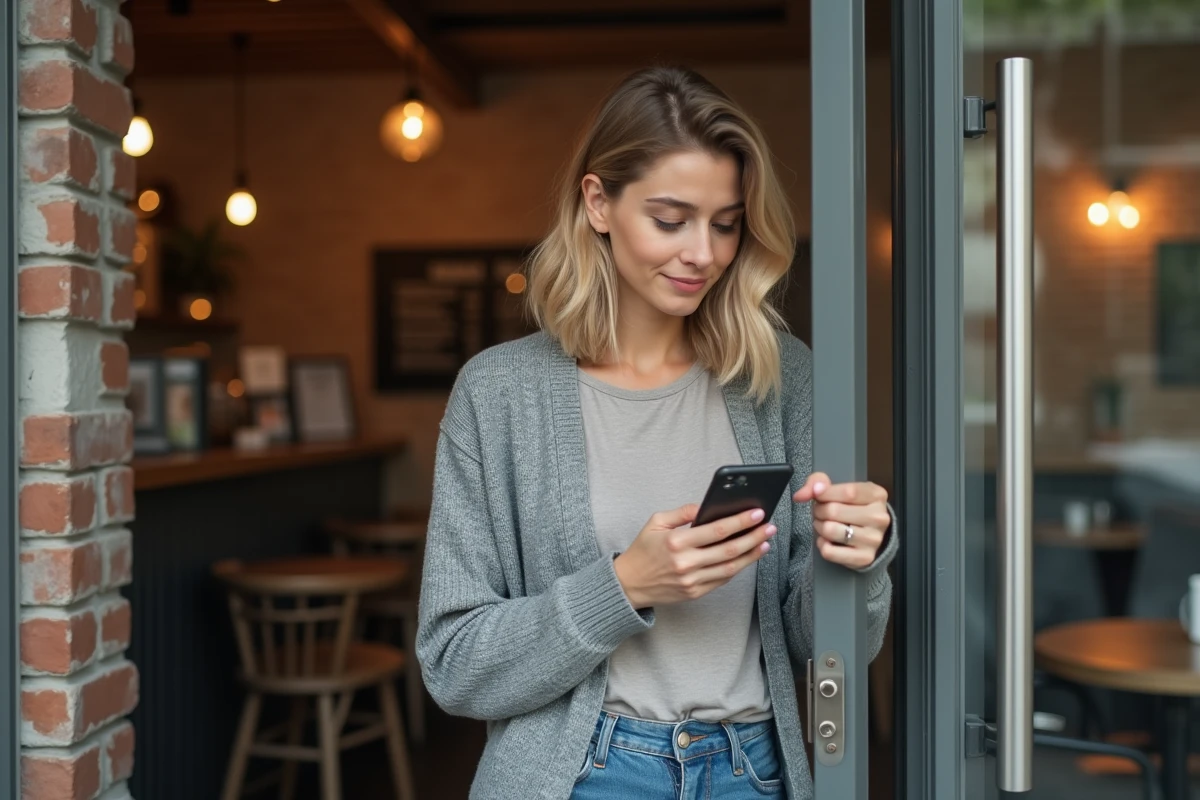 Jeune femme utilisant son smartphone dans un café