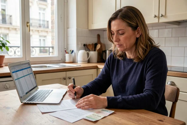 Femme consultant son budget mensuel à la table de cuisine, illustrant la gestion des revenus médians en France