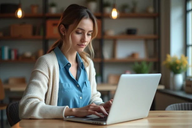 Femme travaillant sur son ordinateur dans un intérieur cosy