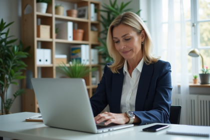 Femme d'âge moyen travaillant sur un ordinateur dans un bureau moderne