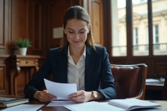 Femme en blazer navy dans un bureau parisien élégamment décoré