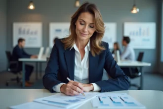 Femme cadre analysant ses fiches de paie et documents salariaux à son bureau en open space