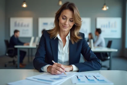 Femme cadre analysant ses fiches de paie et documents salariaux à son bureau en open space