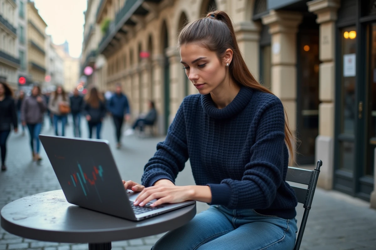Jeune femme analysant des classements économiques en extérieur