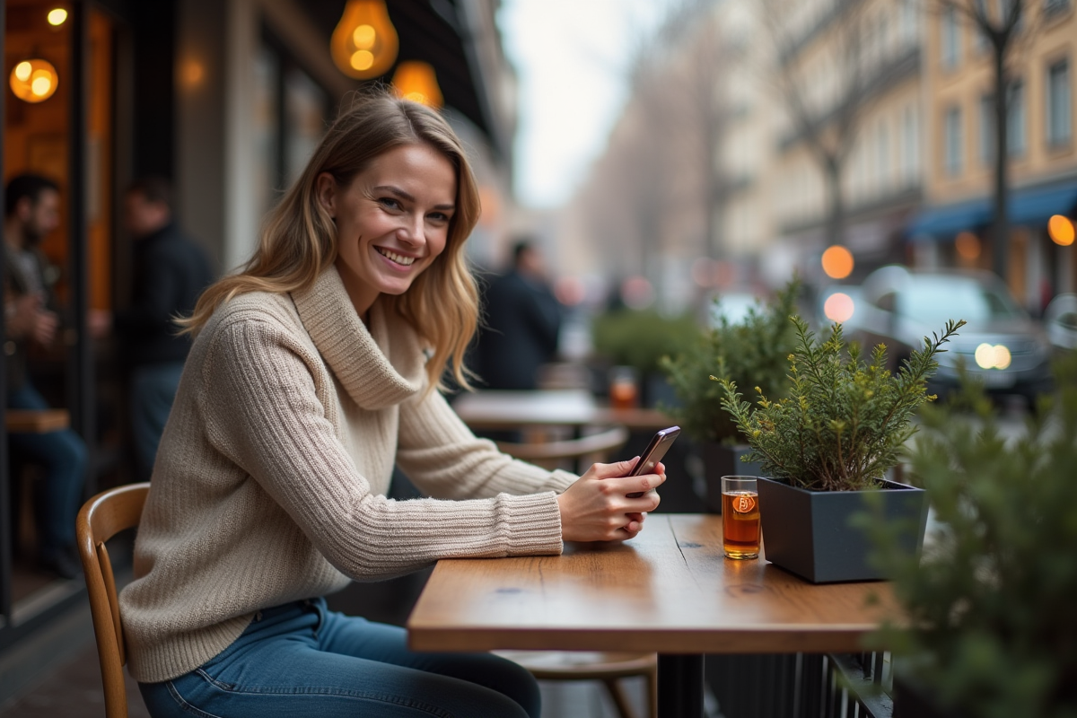 Femme souriante utilisant son smartphone avec logo Bitcoin