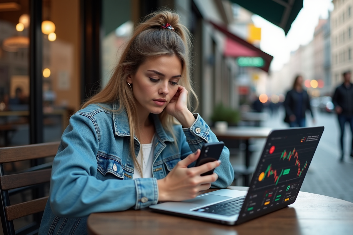 Jeune femme vérifiant ses crypto-monnaies au café