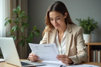 Femme professionnelle analysant sa fiche de paie à son bureau pour calculer son salaire net en brut