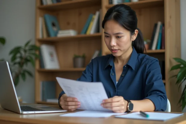 Femme consultant sa fiche de paie pour calculer son salaire au SMIC à 25 heures par semaine
