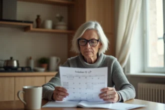Femme consultant un calendrier de versements d'invalidité imprimé à sa table de cuisine