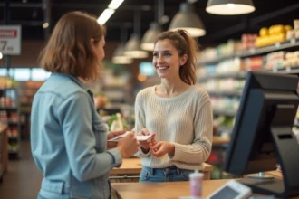 Femme décontractée parlant avec caissier en supermarche