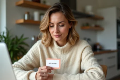 Femme tenant un chèque Cadhoc devant son ordinateur portable dans une cuisine moderne
