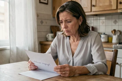 Femme inquiète tenant un avis de chèque impayé à la maison, illustrant les conséquences d'un chèque rejeté