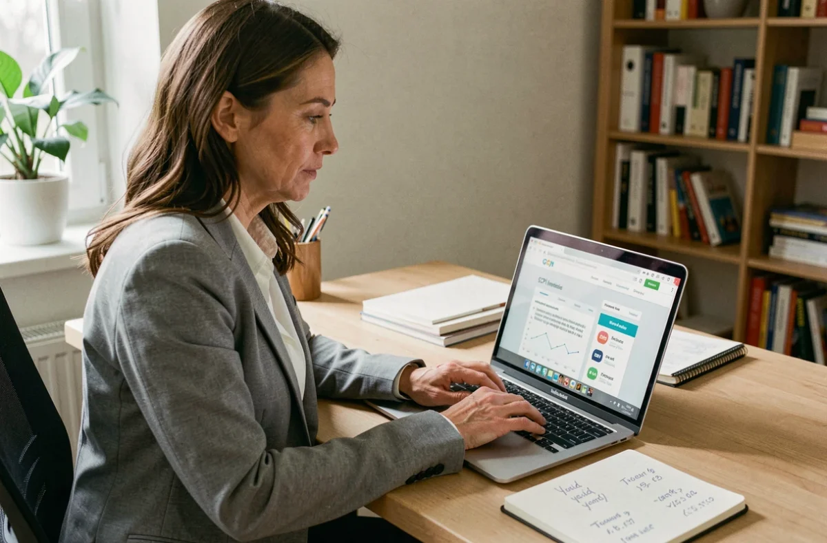Femme consultant les rendements des SCPI sur un ordinateur portable dans un bureau à domicile moderne