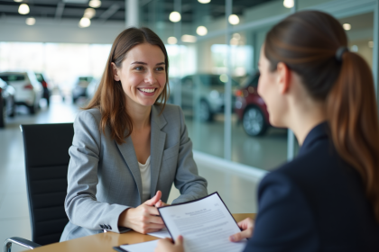 Jeune femme souriante vérifiant un contrat de voiture en showroom