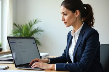 Femme professionnelle configurant les alertes de son espace bancaire Cyberplus Banque Populaire sur un ordinateur portable dans un bureau à domicile