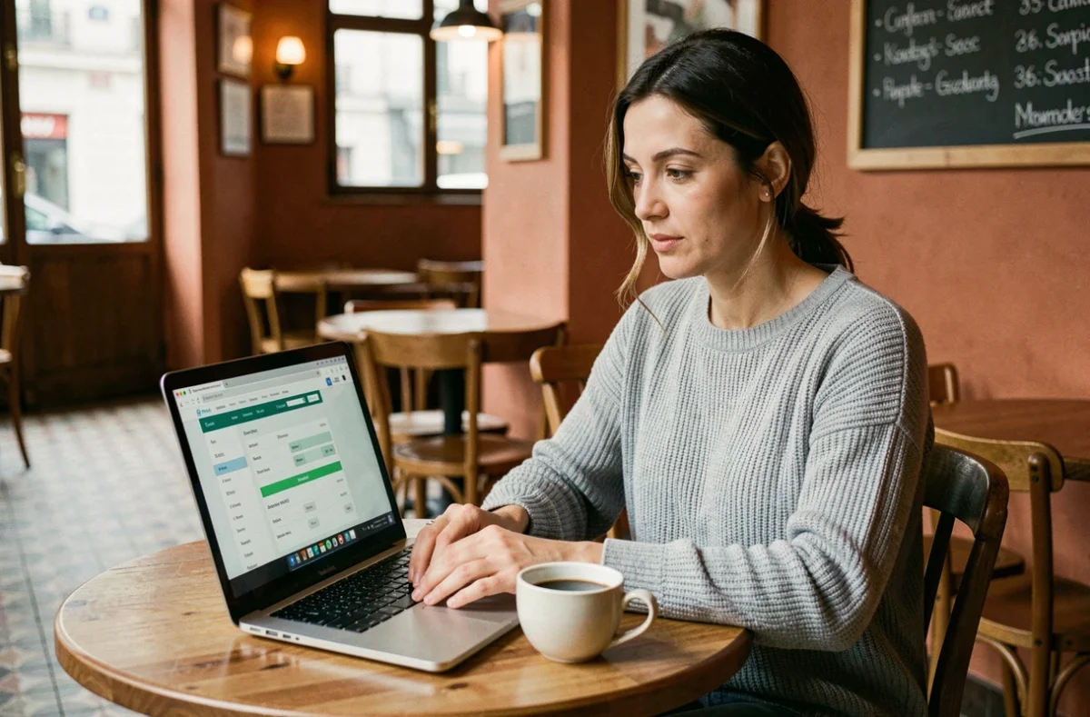 Femme consultant les opérations d'un compte joint Crédit Agricole Vendée sur ordinateur portable dans un café français
