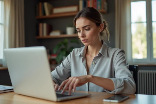 Femme consultant son relevé de compte Crédit Agricole en ligne sur un ordinateur portable à son bureau à domicile