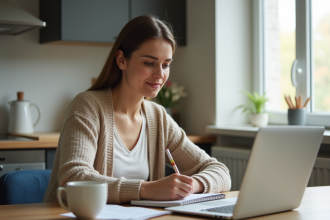 Femme assise à une table de cuisine avec ordinateur et carnet
