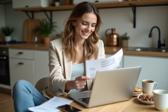 Femme assise à la cuisine vérifiant ses offres cashback sur son ordinateur