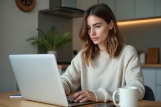 Femme assise à la cuisine avec ordinateur portable
