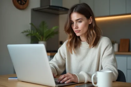 Femme assise à la cuisine avec ordinateur portable