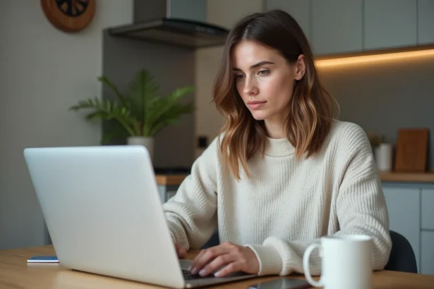 Femme assise à la cuisine avec ordinateur portable