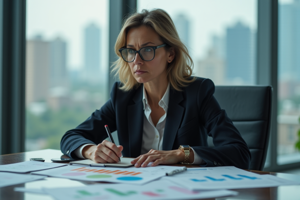 Femme d'affaires réfléchissant devant des graphiques