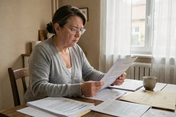 Femme d'âge moyen examinant des documents administratifs liés à une pension d'invalidité à son domicile