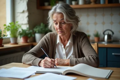 Femme d'âge moyen écrivant une lettre dans sa cuisine française