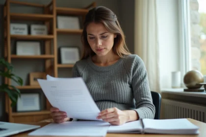 Femme enceinte en télétravail consultant des documents administratifs liés aux droits au chômage et au congé maternité