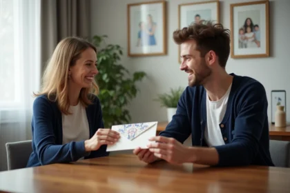 Femme en cardigan offrant une enveloppe à un jeune homme souriant