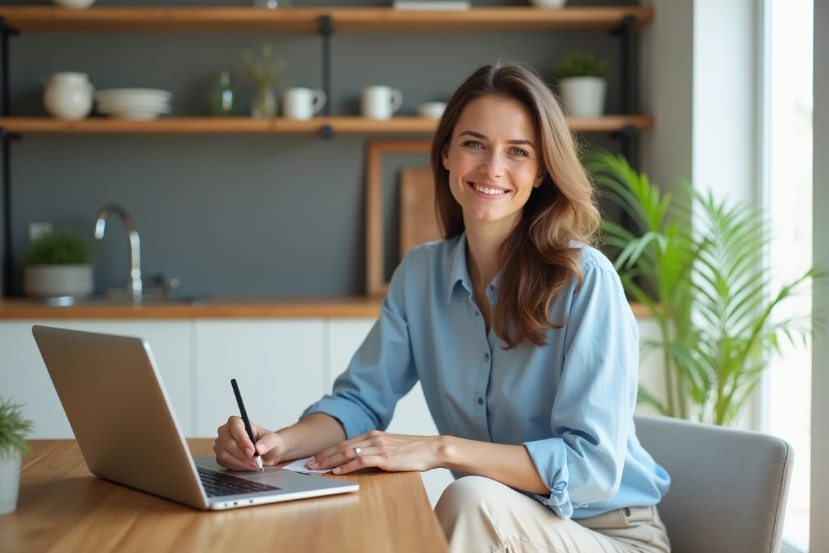 Femme entrepreneure souriante dans sa cuisine