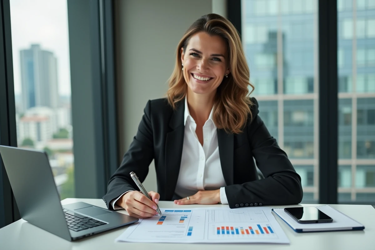 Femme entrepreneure souriante prenant des notes lors d une analyse financière