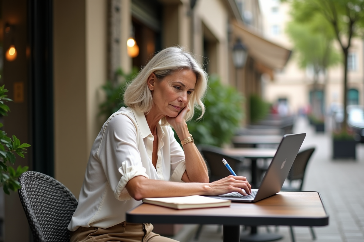 Femme expatriée étudiant sa pension au café en plein air
