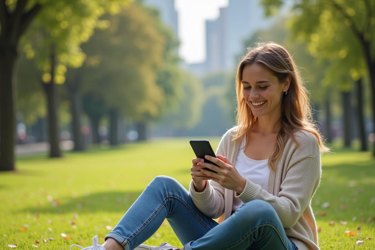 Jeune femme souriante vérifiant une application financière en plein air