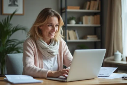 Femme française consulte sa fiche de paie sur un ordinateur