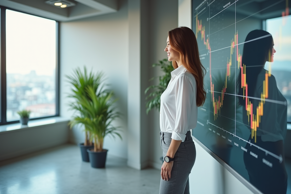 Jeune femme en blouse met à jour un graphique financier dans un bureau lumineux