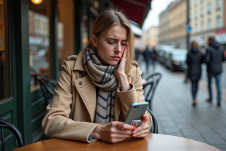 Femme anxieuse utilisant son smartphone en café