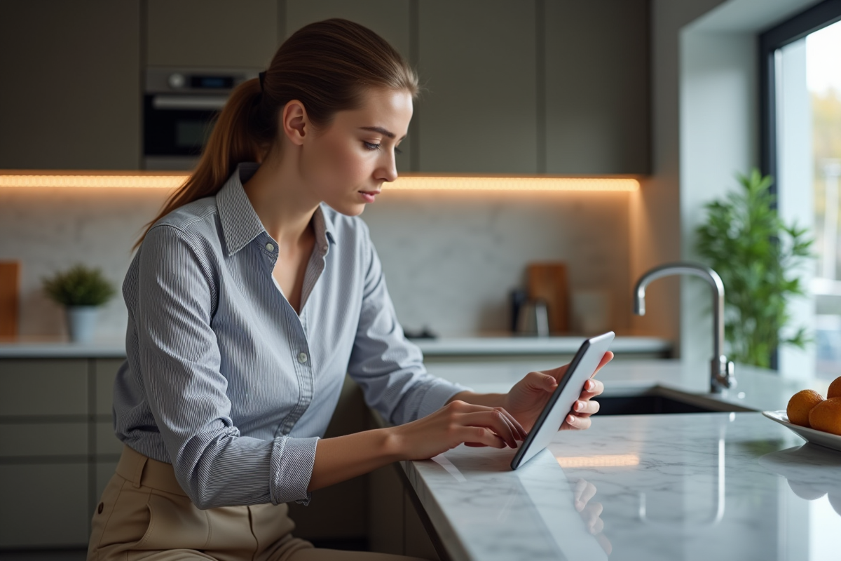 Jeune femme française examinant son portefeuille sur tablette