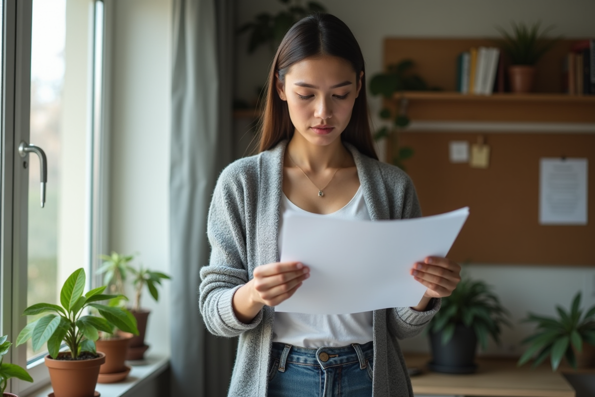 Jeune femme en cardigan gris examinant des documents dans un bureau à domicile