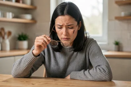Femme tenant des lunettes cassées sur une table en bois, illustrant la nécessité d'une assurance casse et perte pour les lunettes